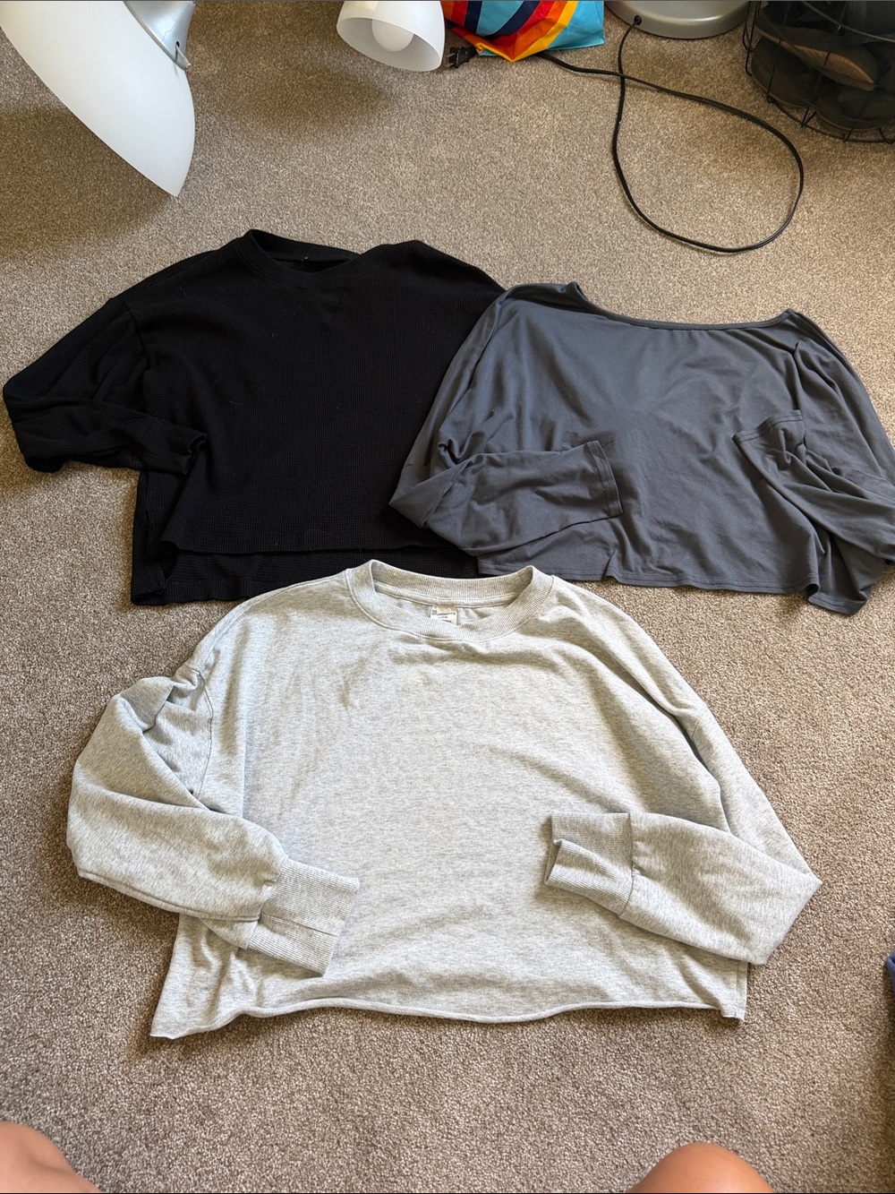 Trio of Cropped Long-Sleeve Sweatshirts - Black, Charcoal, Light Gray
